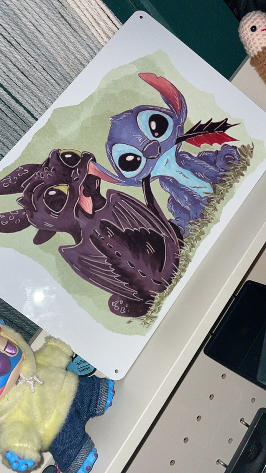 Dragon & Blue Mischievous Alien Metal Art Sign