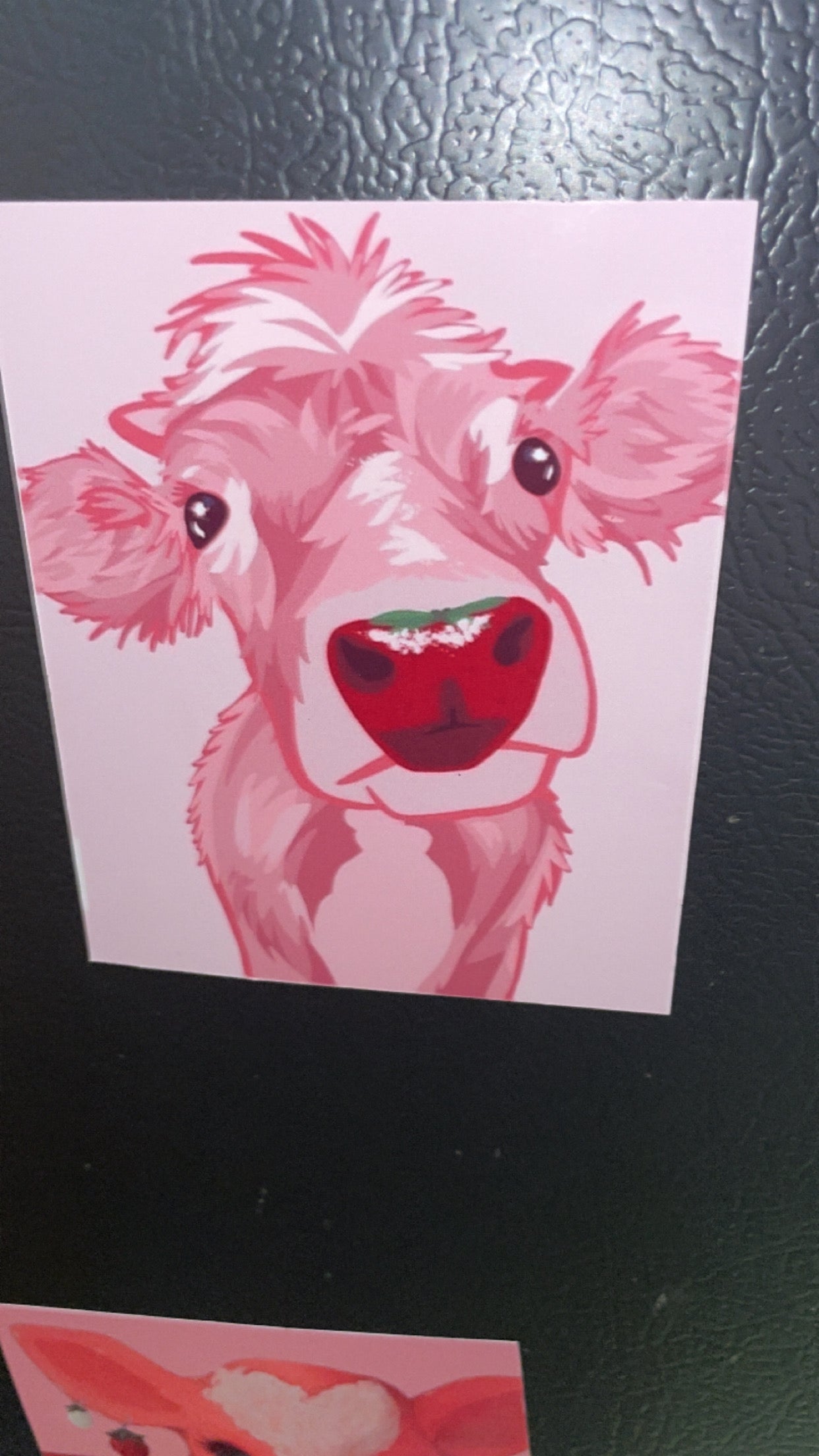 3 Piece Set of Adorable Strawberry Cow Themed Magnets with Sweet Strawberry Accents on Pink Background