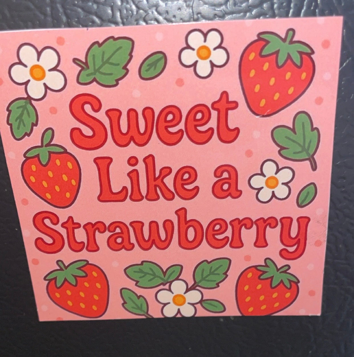 3 Piece Set of Adorable Strawberry Cow Themed Magnets with Sweet Strawberry Accents on Pink Background