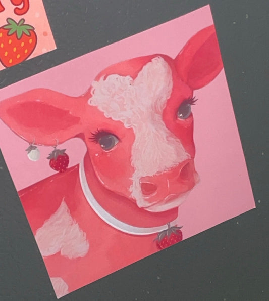 3 Piece Set of Adorable Strawberry Cow Themed Magnets with Sweet Strawberry Accents on Pink Background